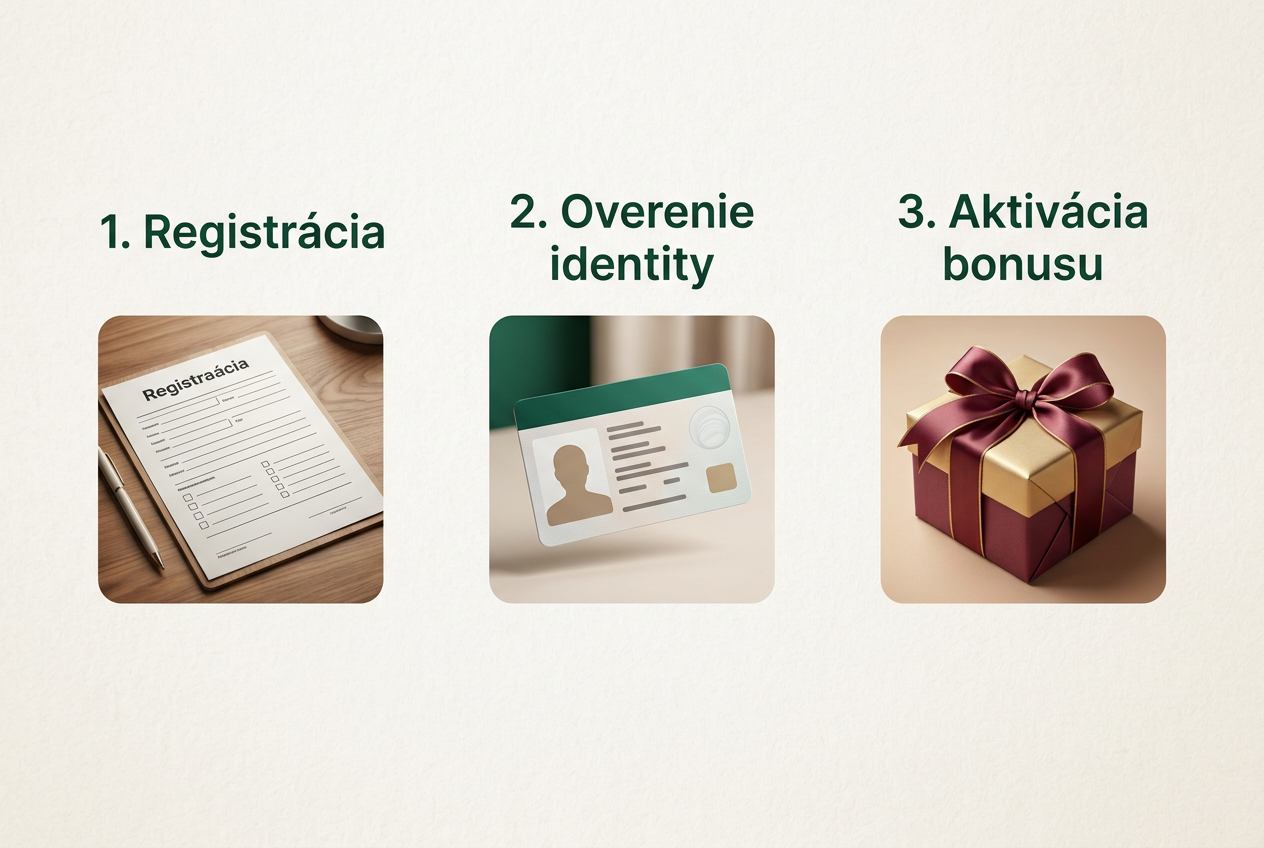 Infografika zobrazujúca tri kroky k získaniu free spinov: registrácia, overenie a aktivácia bonusu.